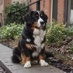 a dog sitting on the ground outside of an apartment building