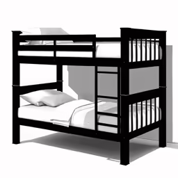 a wooden bunk bed in black and white