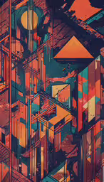 digital illustration of multiple objects, geometrically grouped together,abstractly designed wallpaper with colorful blocks, shapes and lines