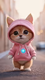 a little kitten with a pink hoodie standing on the road