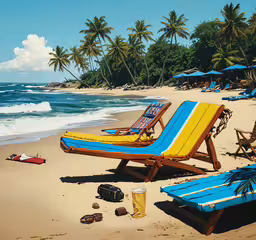 lounge chairs and umbrellas sitting on the beach,an empty beach with lawn chairs and umbrellas
