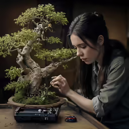 a woman is working on an intricate plant