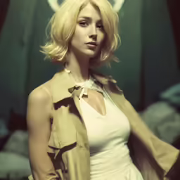 a beautiful blond female in a light brown coat