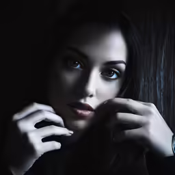 a woman poses for a photo in a dark room