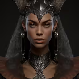 a young woman wearing a winged helmet and necklace