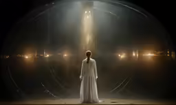 woman dressed in white with light shining down at one side of a large metal circle