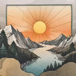 a painting of mountains and a lake on a sunny day