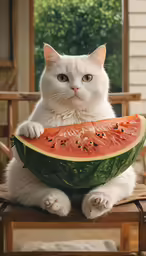 a cat sitting on a wooden chair with a watermelon slice around its neck