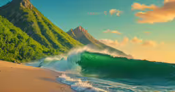 an abstract photo of the ocean, waves and mountain range,waves crashing on an uncrowked beach as the sun sets