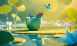 a cup with two flowers, butterfly sitting on top of it