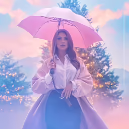 a woman with an umbrella on her head holding a phone