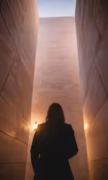 a man standing in a hallway with an illuminated wall next to him