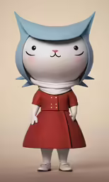 a little white cat in a red dress with a blue cap on