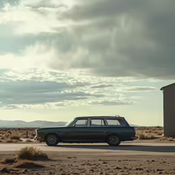 an old station wagon sits parked on the side of a road