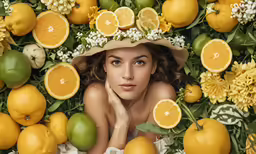 a woman that is laying down in the grass with oranges