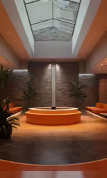 a circular bench in a lobby under a ceiling