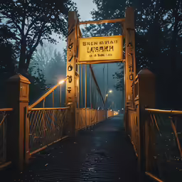 a metal bridge with a street sign mounted on it