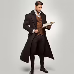 man in black coat and dress pants reading