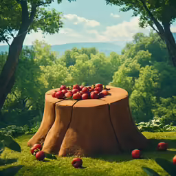 an apple tree stump has apples arranged in it