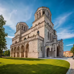 an old church is set back from the green grass