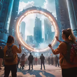 people in the city at night with their hands in the air and fireworks in the sky