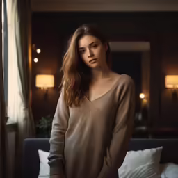 a beautiful young woman standing in a hotel room