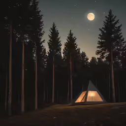 a tent is pitched up in front of the woods at night with the moon above
