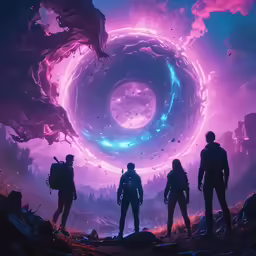 a sci filth scene with three people staring at the bright circle