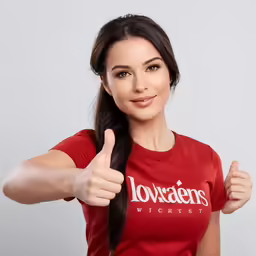 a woman wearing a red shirt thumbs up with her hand