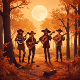 three young women standing next to each other in the woods,a group of men with guitars in a forest at sunset