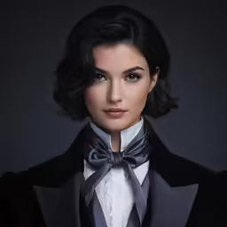 a woman wearing a tuxedo and a bow tie