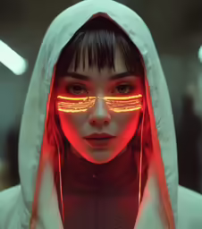 a young girl with light coming out of her eyes