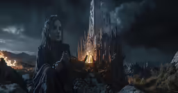 a woman in front of some ruins in the dark