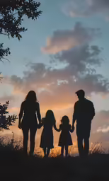the silhouette of family walking at dusk with sky in background