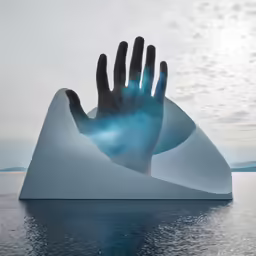 a hand over water reaching towards a blue object