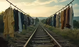 some clothes hanging from a train track with grass