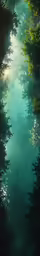 a river surrounded by trees and a bright sun