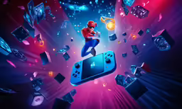 a person jumping over a video game controller in front of a lot of floating objects