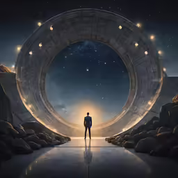 a person standing in the middle of a tunnel