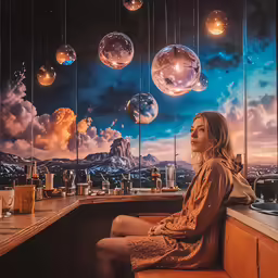 a woman in the window seat of a restaurant