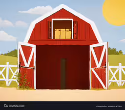 a painting of a barn with two white gates,the view of the large barn shows its open doors
