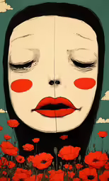 a painting with red noses, and eyes closed