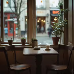 a cup and two chairs are sitting near a window with plants in the potted planters