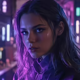 a close up of a person near neon lights