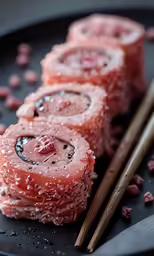 a pan filled with raw food sitting on top of a black plate
