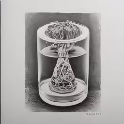 a black and white photo of a cake in a case