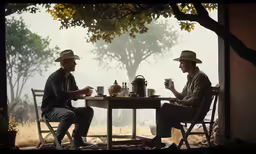 two men having lunch at a table outside