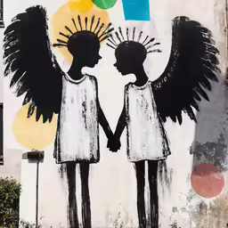 this mural depicts two angels with large black wings