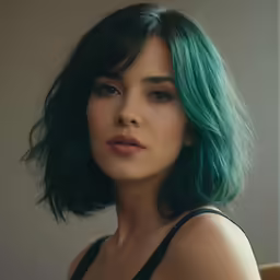 an attractive woman with green hair and blue eyes