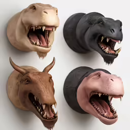 a group of three fake heads, one with fangs